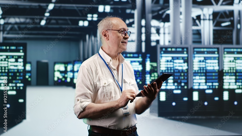 Poster meticulous it professional navigating network of rackmounts in industrial server hub. worker with la