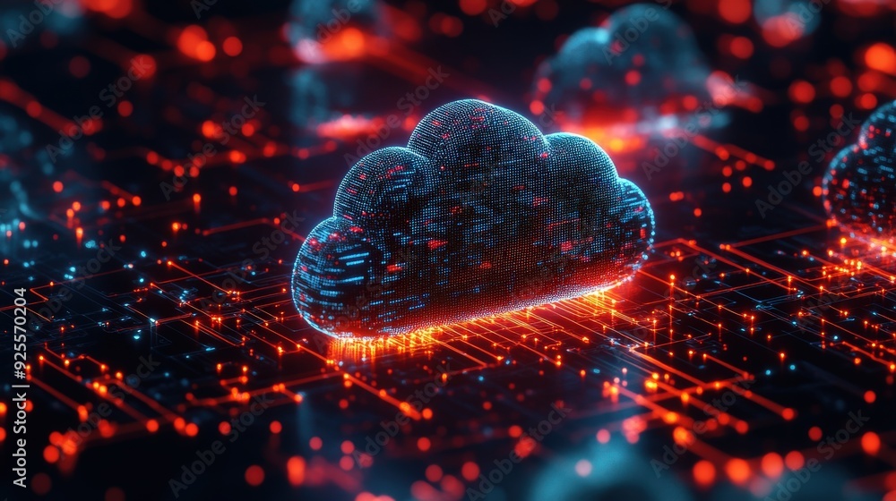 Poster a 3d rendering of a cloud surrounded by encrypted data streams, representing secure data transfer in