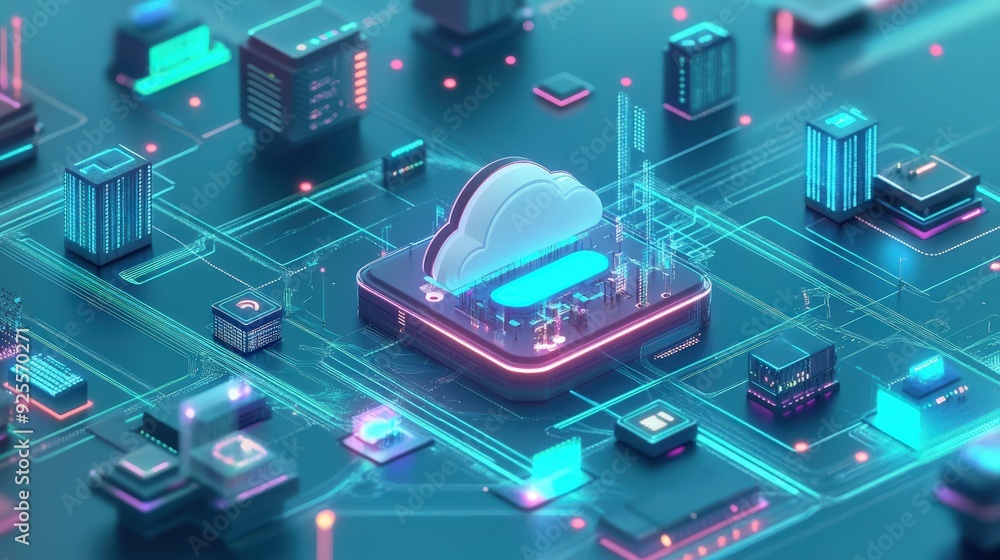 Poster a 3d rendering of a cloud technology network with various devices and servers connected to a central