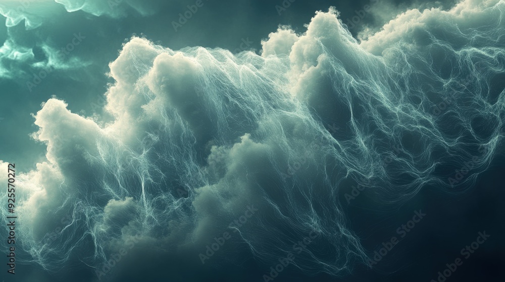 Poster a 3d rendering of a cloud with flowing data streams, symbolizing the flow of information in cloud co