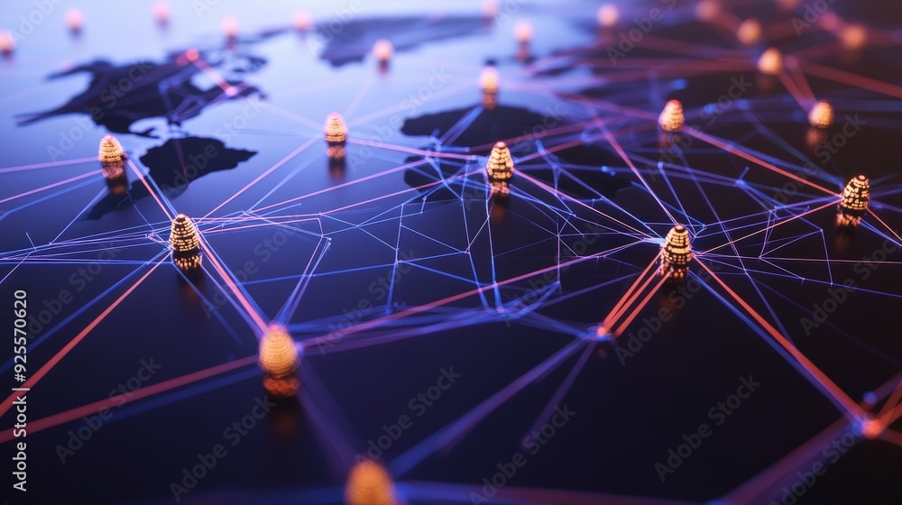 Poster a 3d rendering of a global network connected by central hubs, representing the reach of network serv