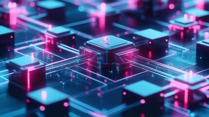 A 3D rendering of a network topology with central hubs and connected devices, symbolizing the architecture of a modern network.