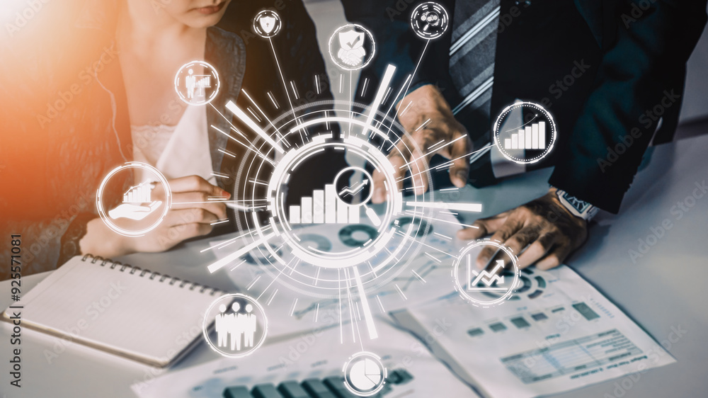 Poster data analysis for business and finance concept. interface showing future computer technology of prof