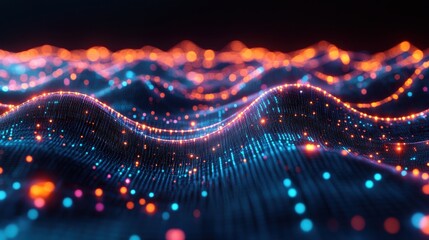 A 3D rendering of a virtual server network with interconnected nodes and glowing lines, representing global virtualization.