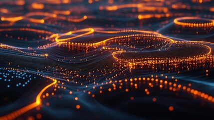 A 3D rendering of a virtual server network with interconnected nodes and glowing lines, representing global virtualization.