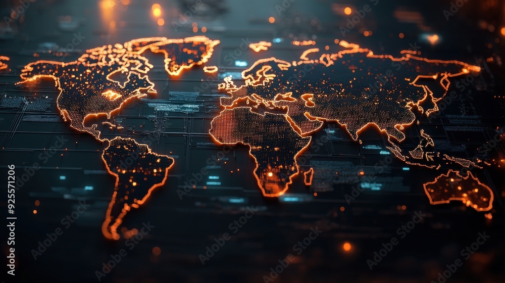 Poster a 3d rendering of a world map with highlighted continents, symbolizing international trade routes.