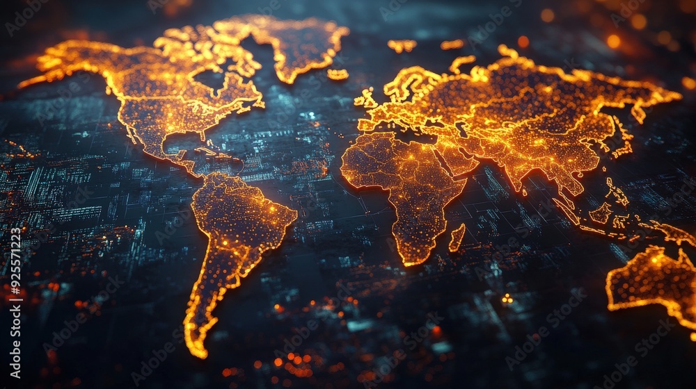 Poster a 3d rendering of a world map with highlighted continents, symbolizing international trade routes.