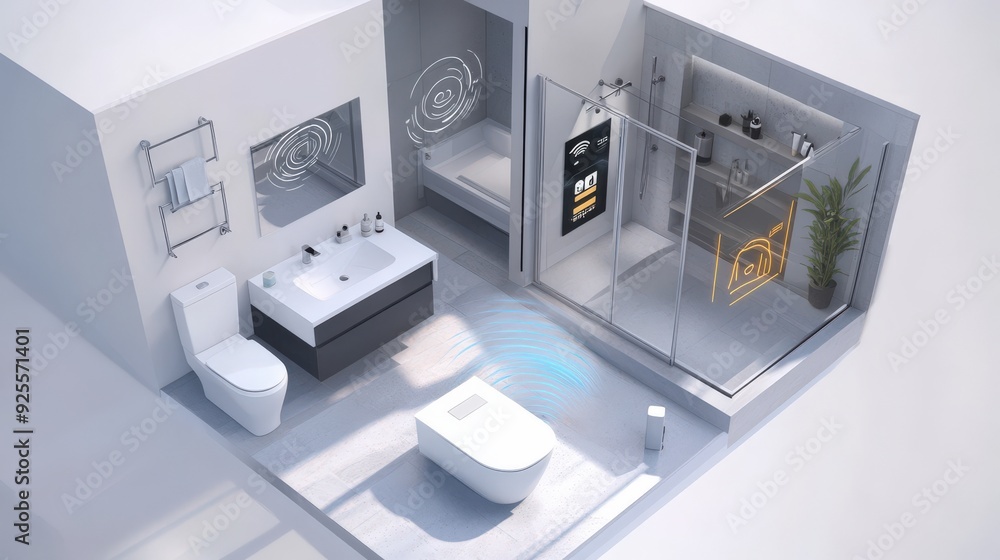 Poster a 3d rendering of an iot-enabled smart bathroom with devices connected to a central hub.