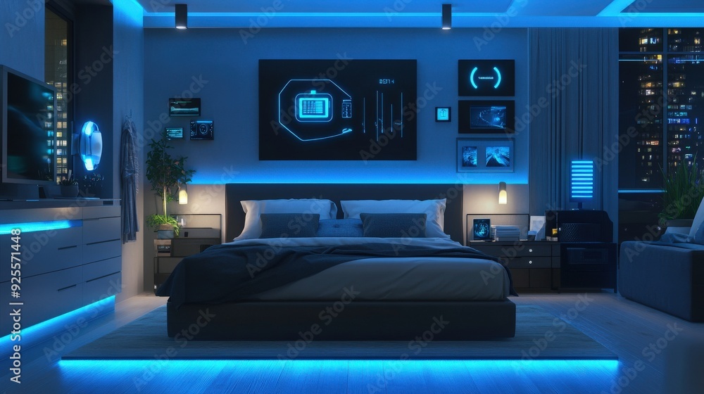 Poster a 3d rendering of an iot-enabled smart bedroom with devices connected to a central hub.