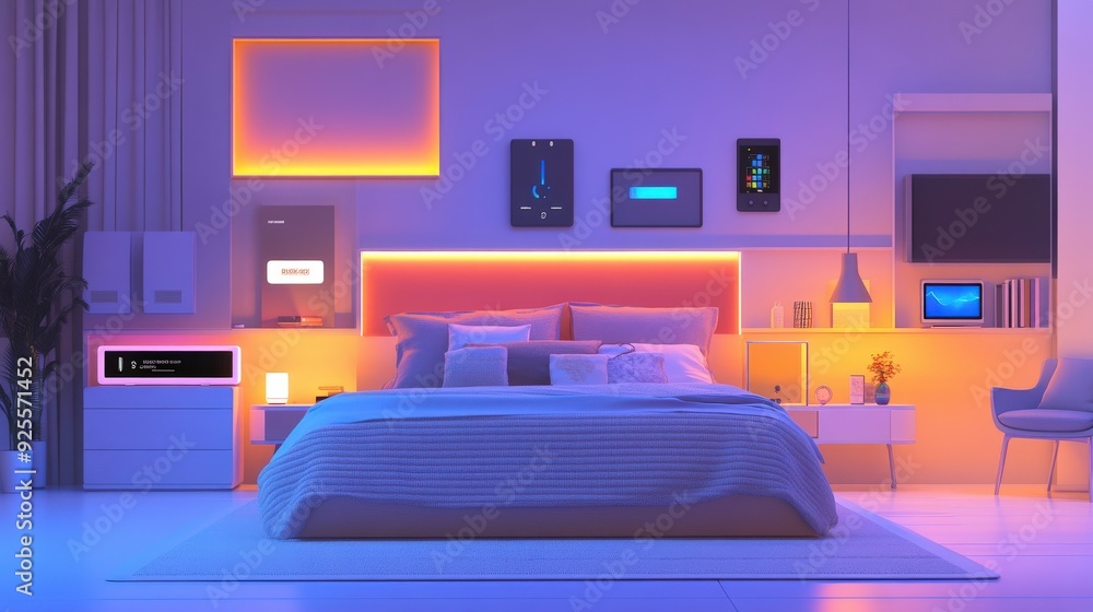 Poster a 3d rendering of an iot-enabled smart bedroom with devices connected to a central hub.
