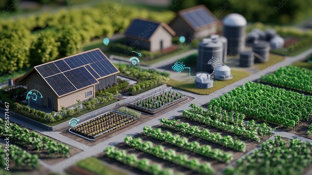 Poster a 3d rendering of an iot-enabled smart farm with devices connected to a central hub.