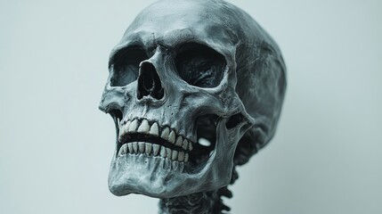Fototapeta premium A creepy skeleton with a moving jaw, Halloween party mask, dark surrealism, ultra-realistic textures, isolated on white background