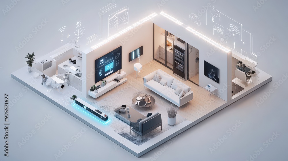 Poster a 3d rendering of an iot-enabled smart home with devices connected to a central hub.