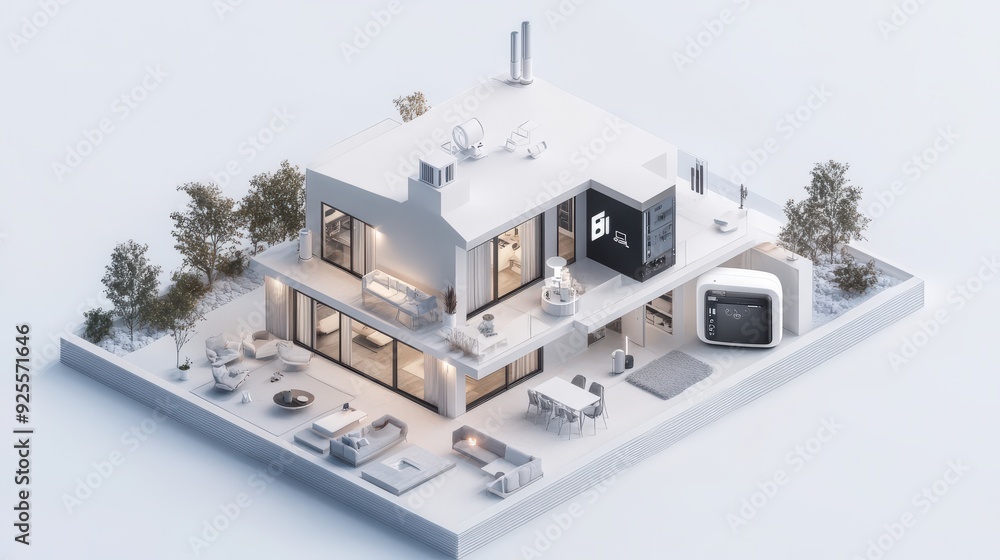 Poster a 3d rendering of an iot-enabled smart home with devices connected to a central hub.