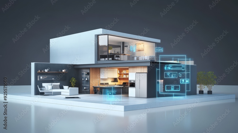 Poster a 3d rendering of an iot-enabled smart home with devices connected to a central hub.