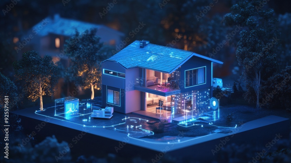 Poster a 3d rendering of an iot-enabled smart home with devices connected to a central hub.