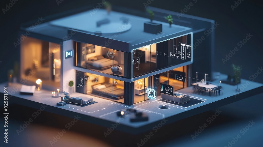 Poster a 3d rendering of an iot-enabled smart home with devices connected to a central hub.