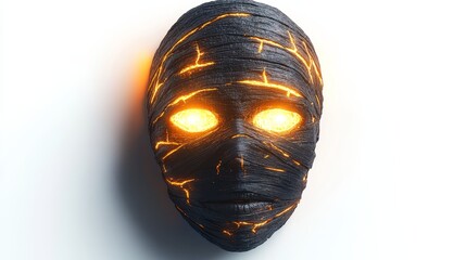A glowing-eyed mummy mask, Halloween party accessory, hyperrealistic detail, neon glow effect, isolated on white background