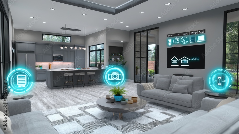 Poster a 3d rendering of an iot-enabled smart home with devices connected to a central hub.