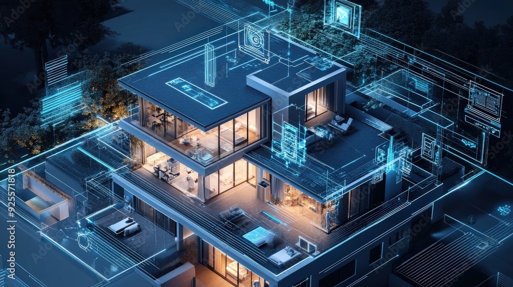 Poster a 3d rendering of an iot-enabled smart home with devices connected to a central hub.