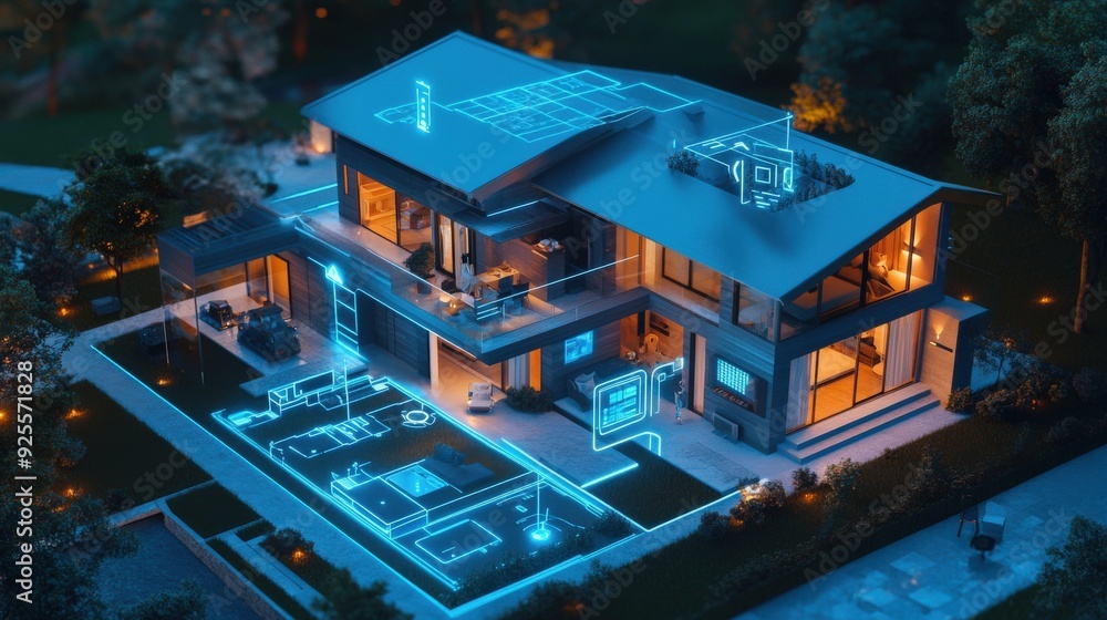 Poster a 3d rendering of an iot-enabled smart home with devices connected to a central hub.