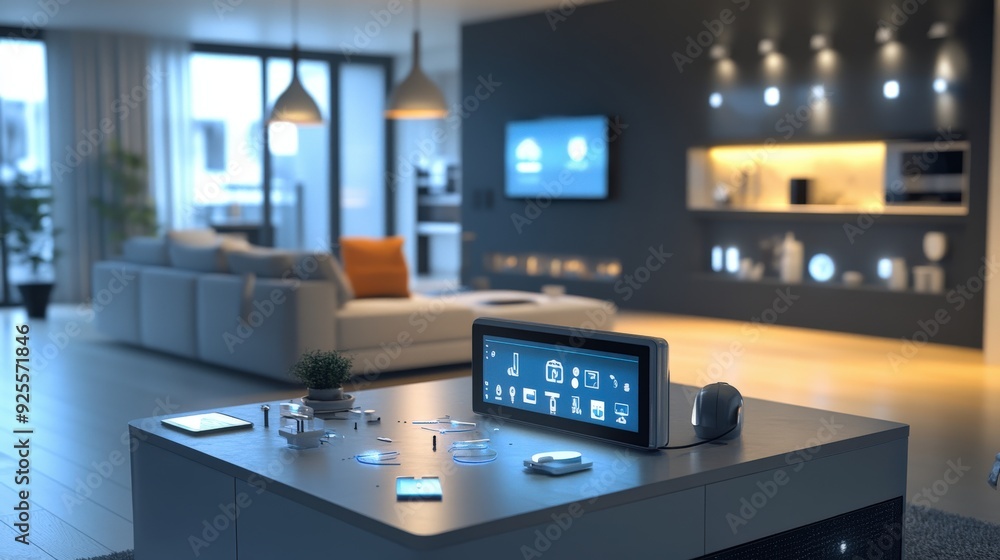 Poster a 3d rendering of an iot-enabled smart home with devices connected to a central hub.