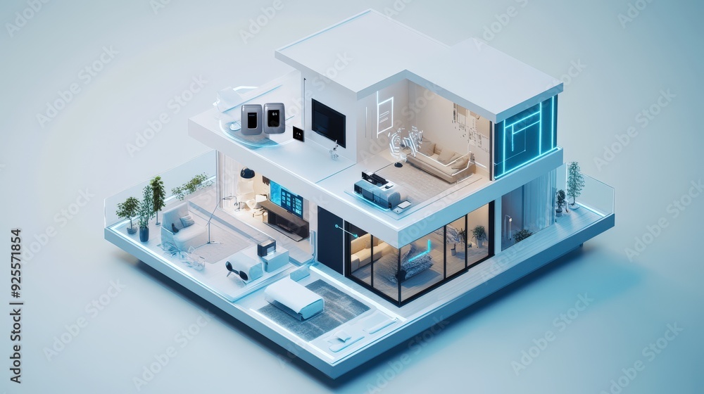 Poster a 3d rendering of an iot-enabled smart home with devices connected to a central hub.