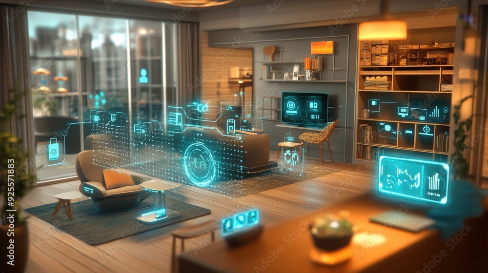 Poster a 3d rendering of an iot-enabled smart home with devices connected to a central hub.