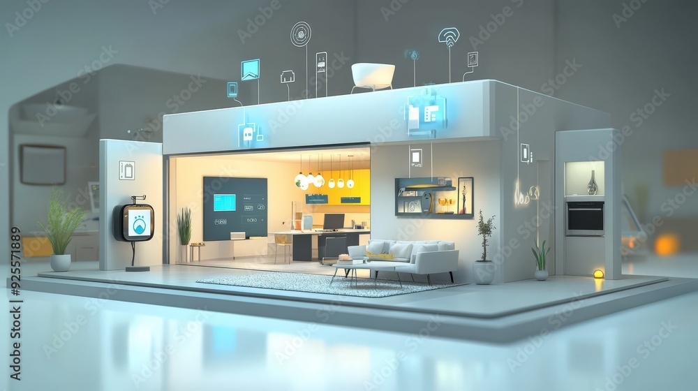 Poster a 3d rendering of an iot-enabled smart home with devices connected to a central hub.