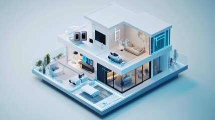 Obraz premium A 3D rendering of an IoT-enabled smart home with devices connected to a central hub.