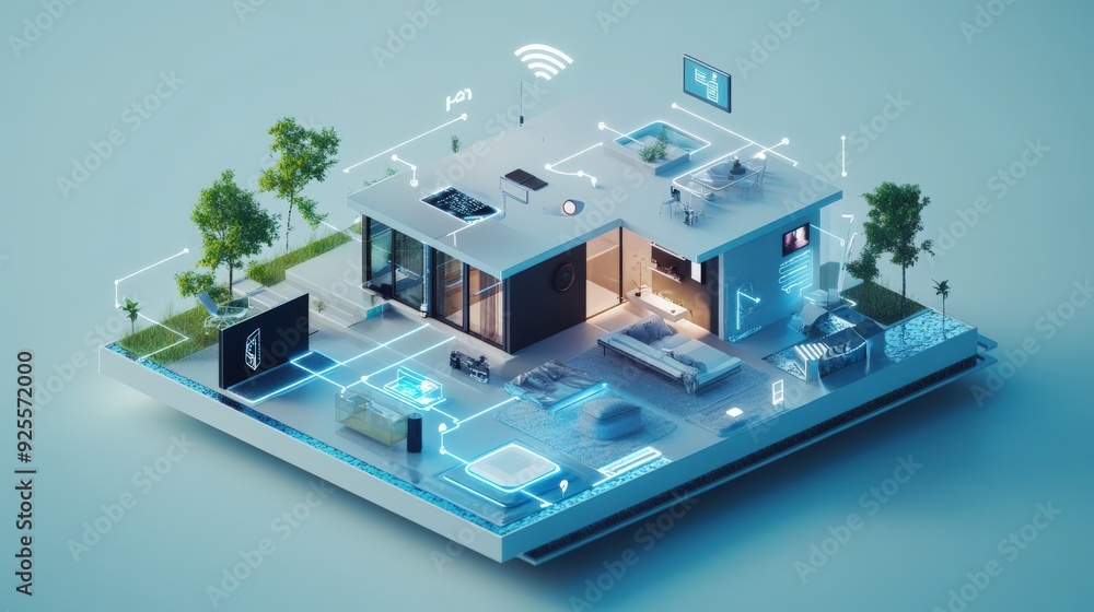Poster a 3d rendering of an iot-enabled smart home with devices connected to a central hub.