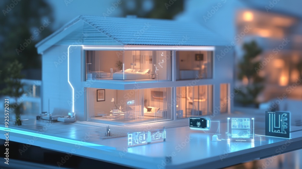 Poster a 3d rendering of an iot-enabled smart home with devices connected to a central hub.