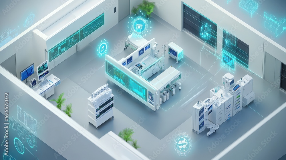 Poster a 3d rendering of an iot-enabled smart hospital with devices connected to a central hub.