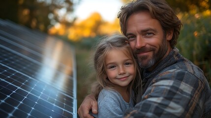 Fototapeta premium Father with girl on roof with solar panels, hugging. Rooftop solar or photovoltaic system. Sustainable future for next generation. 