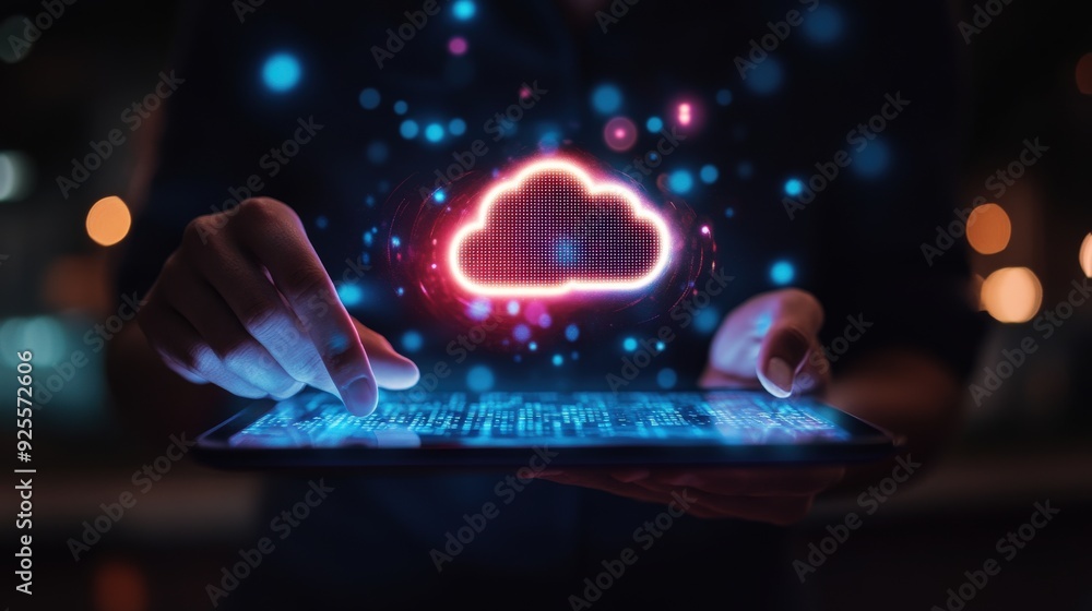 Poster a business professional analyzing data on a tablet, with a glowing cloud icon in the background, rep