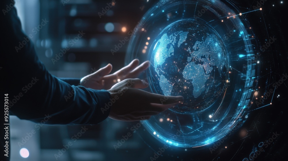Poster a business professional using a holographic interface to manage global network technology, with a di