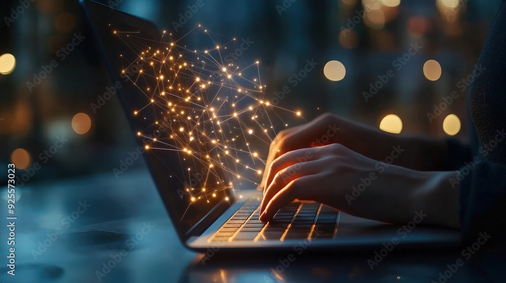 Poster a business professional using a laptop to access network services, with a glowing network icon in th