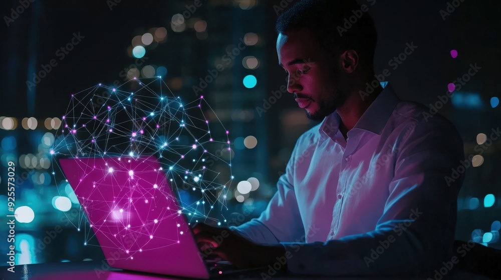 Poster a business professional using a laptop to access network services, with a glowing network icon in th
