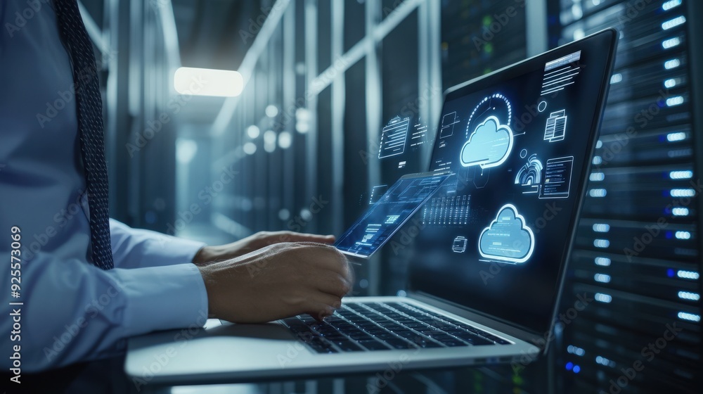 Poster a business professional using a laptop with a cloud hosting dashboard, surrounded by digital server 