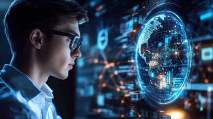 Naklejka premium A business professional using a holographic interface to manage global network technology, with a digital globe in the background.