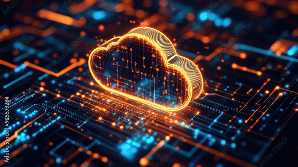 Poster a close-up of a glowing cloud icon on a desktop screen, representing cloud technology's role in mode