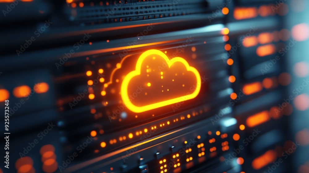 Poster a close-up of a glowing cloud icon on a server panel, symbolizing the storage and computing power of