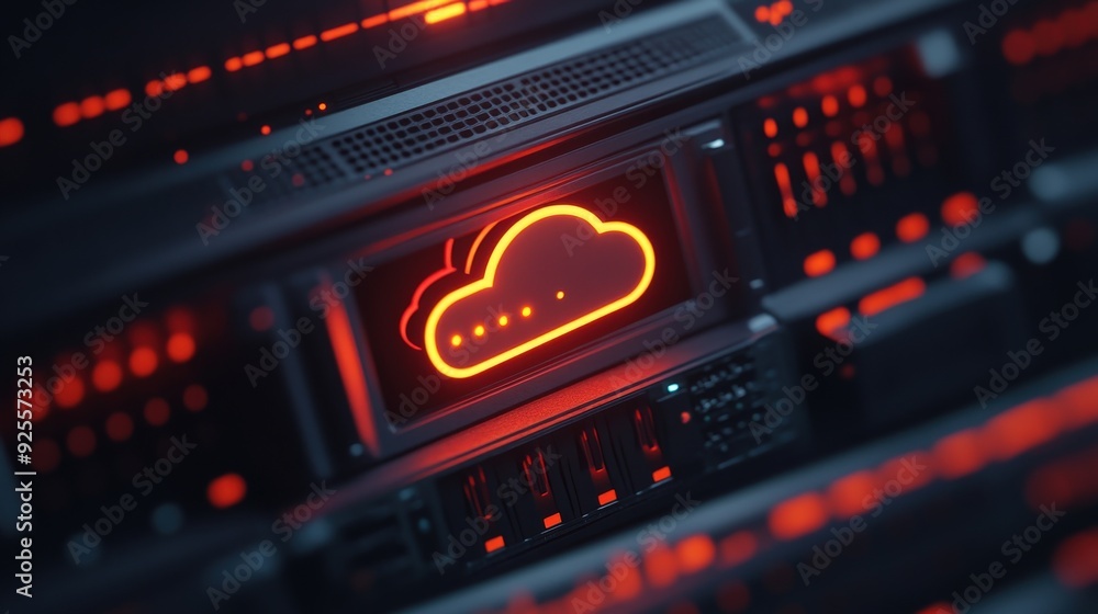 Poster a close-up of a glowing cloud icon on a server panel, symbolizing the storage and computing power of