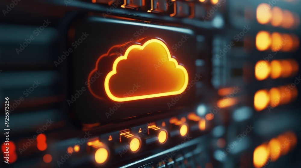Poster a close-up of a glowing cloud icon on a server panel, symbolizing the storage and computing power of