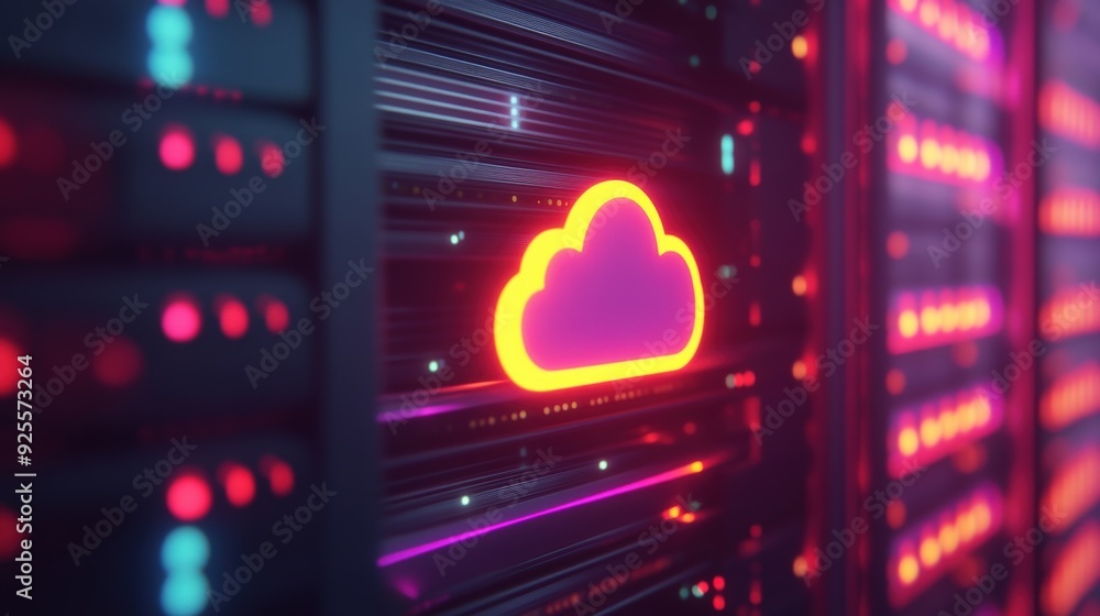 Poster a close-up of a glowing cloud icon on a server panel, symbolizing the storage and computing power of