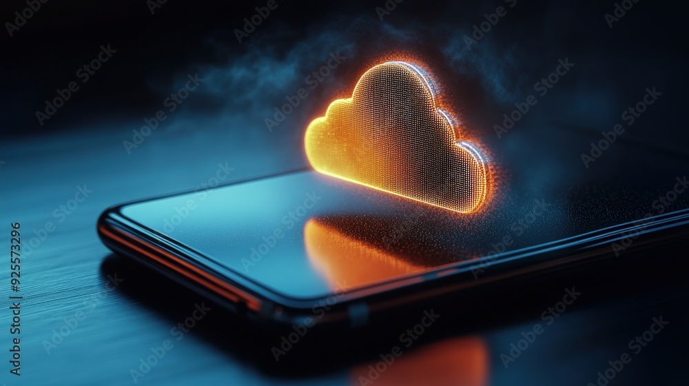Poster a close-up of a glowing cloud icon on a smartphone screen, symbolizing the accessibility of cloud co
