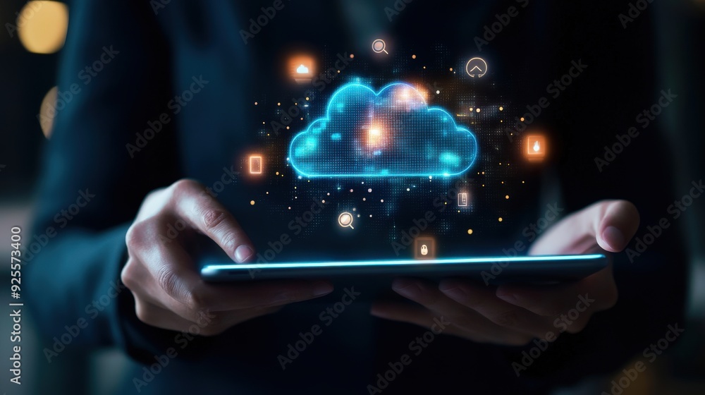 Aufkleber a business professional using a tablet connected to a cloud server, with glowing icons representing 