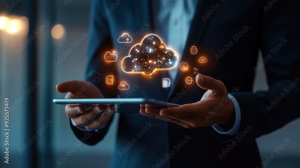 Aufkleber a business professional using a tablet connected to a cloud server, with glowing icons representing 