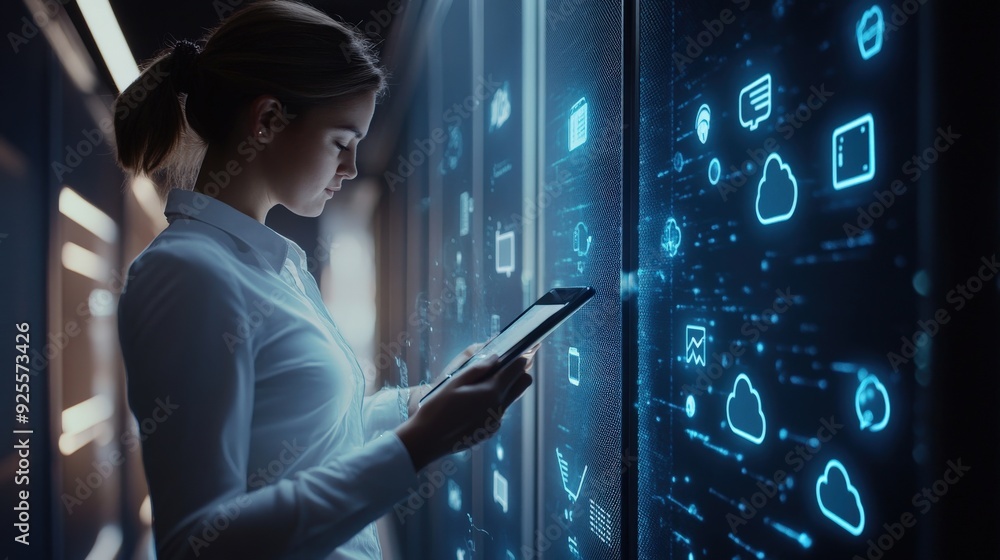 Poster a business professional using a tablet connected to a cloud server, with glowing icons representing 
