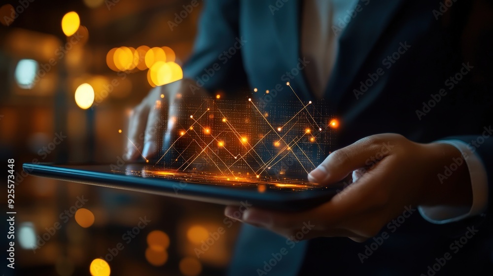 Poster a business professional using a tablet to access network services, with a glowing icon in the backgr